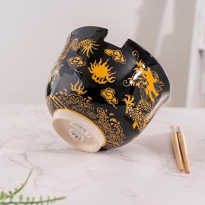 Urban Tokyo Handpainted Ceramic Glazed Japanese Ramen Udon Noodle Rice Bowl With Chopsticks 20 fl oz 5 inch Diameter Bowl Sets Color Box Packaging (Oriental Dragon Black)