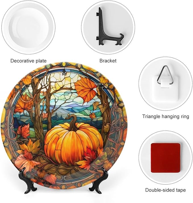 Decorative Plates, Fall Pumpkin Watercolour Stained Glass Design Ceramic Dinner Plate Home Wobble-Plate with Display Stand, Wall Hanging Decor for Kitchen Household 8 Inch, Gifts for Thanksgiving
