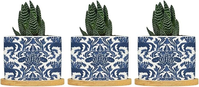 Blue Regalia Lion Ceramic Planter Chinoiserie Geometric Print Planters for Indoor Plants with Drainage Holes and Saucers Pot for Succulents Cactus Garden Windowsill