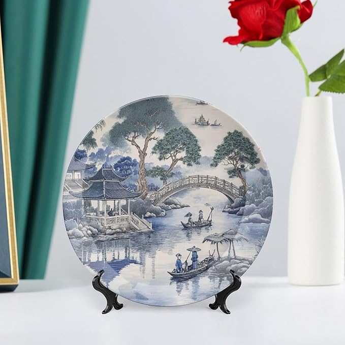 Asian Scenic in Blue And Kelly Green Chinoiserie Ceramic Decorative Plate of 6", 7", 9", 10", Personalized Ceramic Display Plate, Wall Housewarming Gifts Decorations Wedding, with Vertical Stand