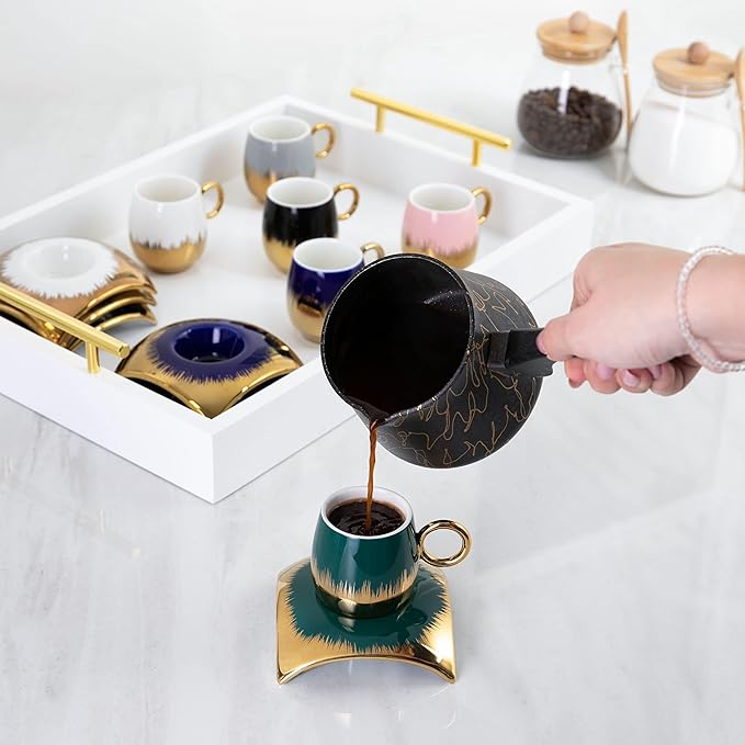 Turkish Coffee Cup Set of 6 with Saucers & Tray - Luxury Arabic Greek Japanese Marble Ceramic Tea Cups for Espresso Cappuccino Latte Mocha, Ideal Gift - 6.7oz,- Assorted Colors