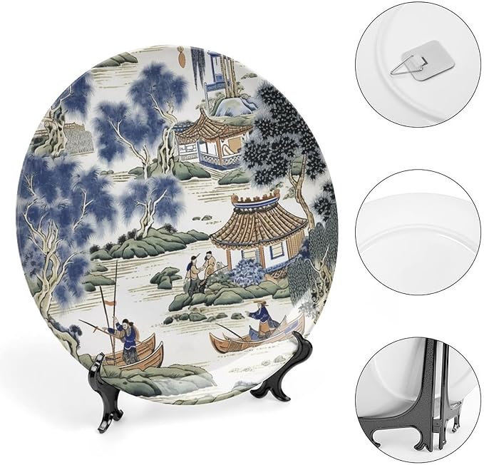 Asian Scenic in Blue And Kelly Green Chinoiserie Ceramic Decorative Plate of 6", 7", 9", 10", Custom Ceramic Dinner Plate, Office Club Decorations Housewarming Gifts, with Display Stand And Hook Up