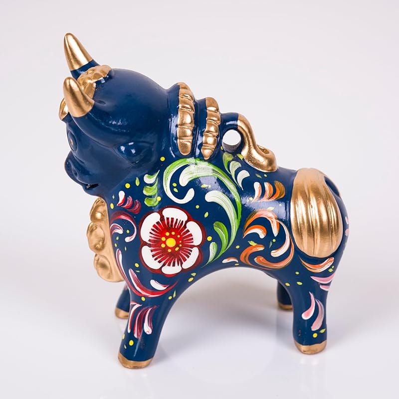 Blue Figurine Pucara Bull 4.7"H, Ceramic Bull Pucara Figurine, Peru Folk art, Pottery Sculpture Bull, sculpture made of clay, Unique Gift