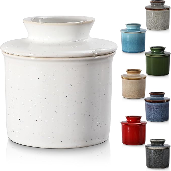 White Speckled French Butter Dish,Handmade Reactive Glaze Ceramic Butter Crock with Water Line for Speradable Fresh Butter