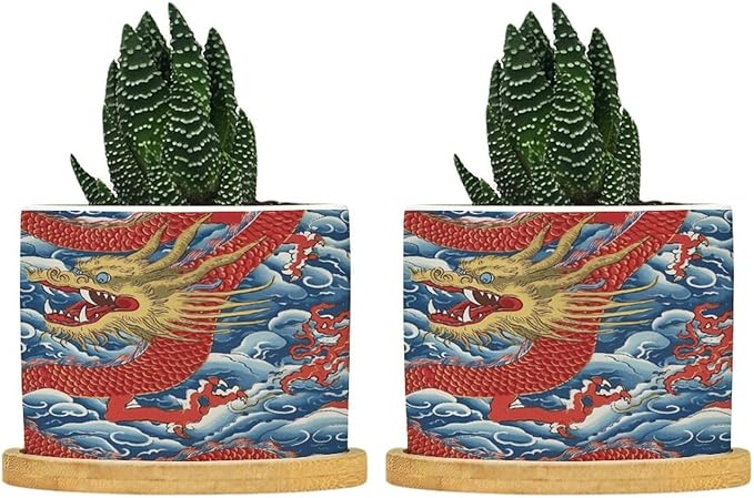 Dragon Chinoiserie Planters Ceramic Asian Inspired Round Plant Pot with Drainage Holes and Bamboo Tray Pot for Outdoor Garden Home Plant