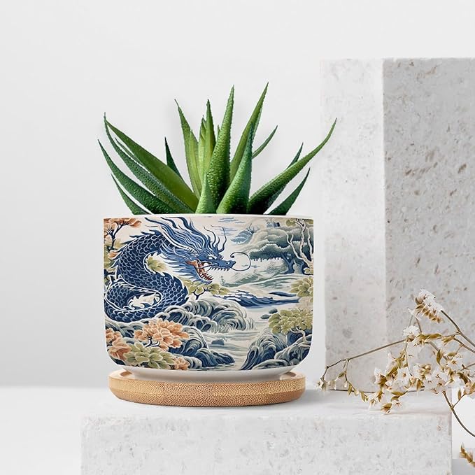 Trend Dragon and Print Ceramic Planters Chinoiserie Asian Inspired Flower Pots for Indoor Plants with Drainage Holes and Saucers Pot for Home Desktop Office Windowsill