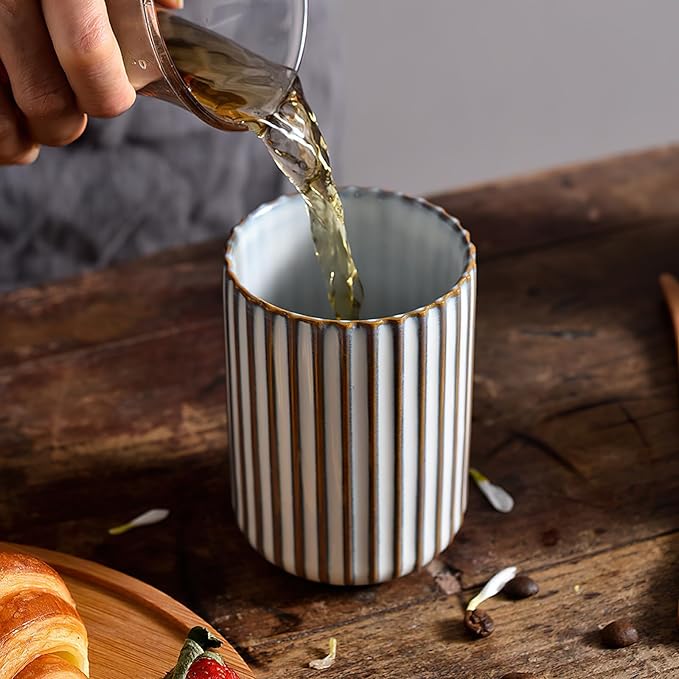 LIFKOME Vintage Ceramic Cup Japanese Style Tea Cup 300ml Striped Drinking Cup No Handles Tumbler Mug for Beverage Juice Milk Coffee