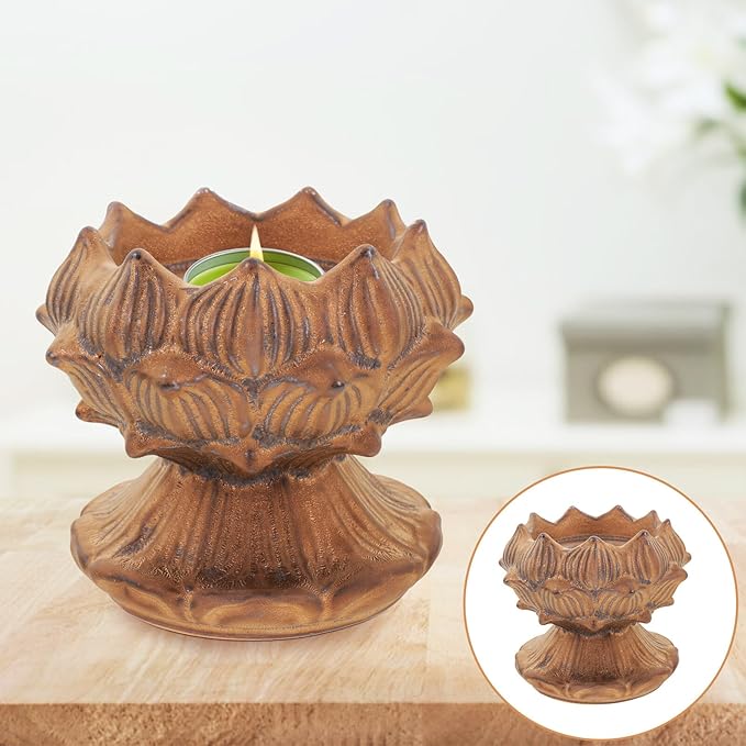 Vintage Lotus Ceramic Candlestick Holder Rust Color Buddhist Candle Holder for Home Decor Asian Style