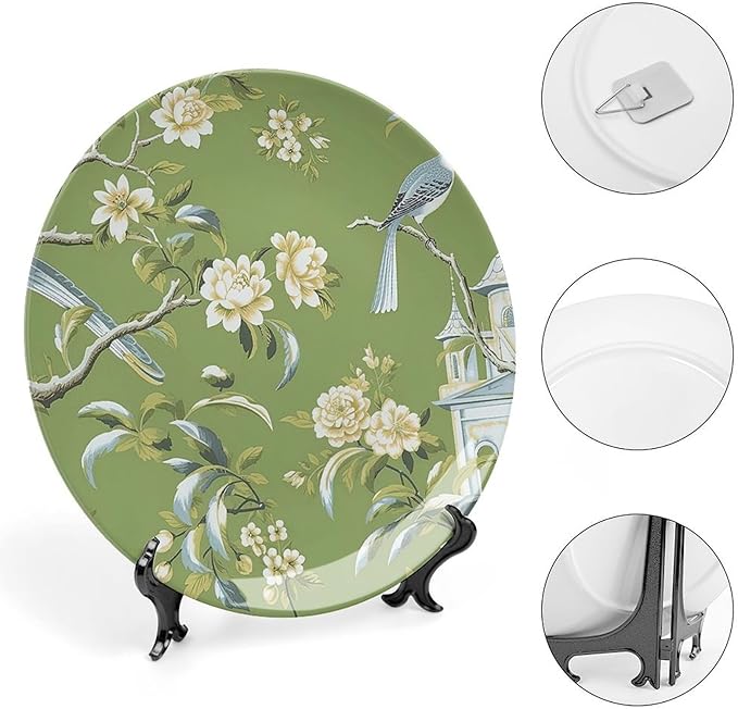 Pagoda Garden Imperial Green Chinoiserie Vintage Plates, Personalized Wall Hanging Decoration for Table Kitchen Club Decor, with Vertical Stand Art Decorations for Household Office