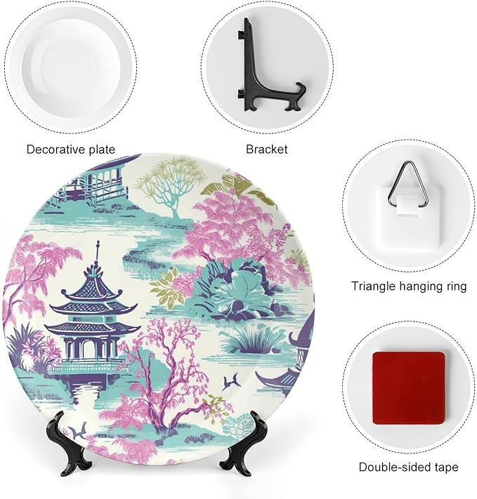 Chinoiserie Pagoda White Coral Blue Asian Plates Ceramic, Chinoiserie Garden Scenery Hand Painted Wall Hanging Decor for Kitchen Household Decor, with Vertical Stand Art Decor for Wall Art Decoration