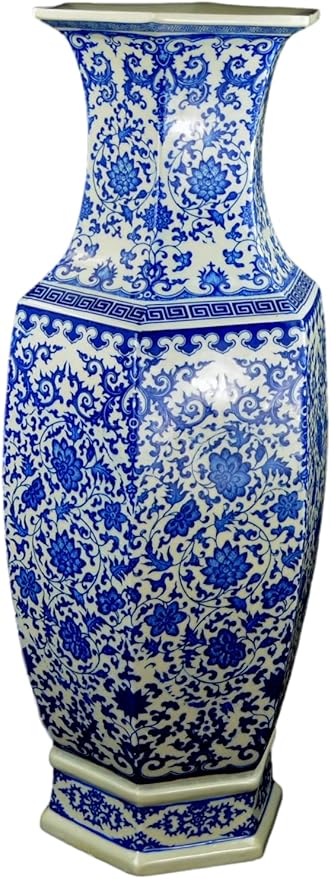 24" Classic Blue and White Hexagonal Lotus Porcelain Vase, Ceramic Vase Jingdezhen, China Qing Style （D8）