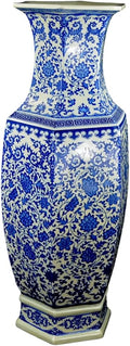24" Classic Blue and White Hexagonal Lotus Porcelain Vase, Ceramic Vase Jingdezhen, China Qing Style （D8）