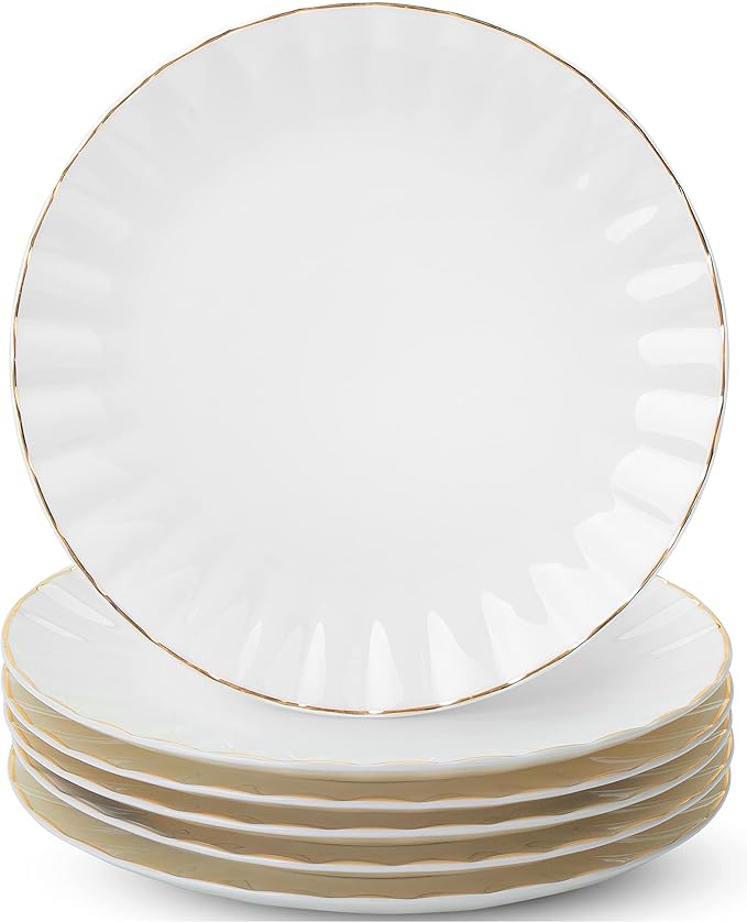 BTaT- White Dessert Plates, Set of 6, 8 inch, White Porcelain with Gold Trim, Small Plate, Small Appetizer Plates