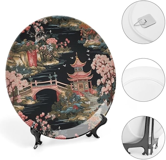 Chinoiserie Charcoal Coral Pagoda Asian China Plates for Display Oriental Chinoiserie Household Kitchen Supplies Table Wall Holiday Party Decorations Customize Gifts for Men Women Thanksgiving