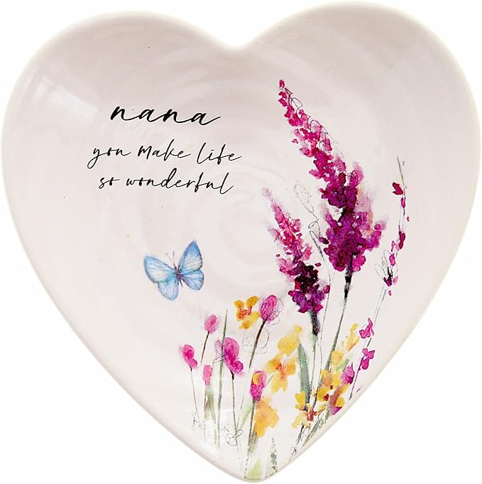 Pavilion Gift Company - Nana - Ceramic Heart-Shaped Keepsake Dish, Watercolor Floral Design, Nana Gifts, Unique Gifts for Nana, Trinket Dish, Jewelry Dish, 1 Count, 4.5IN