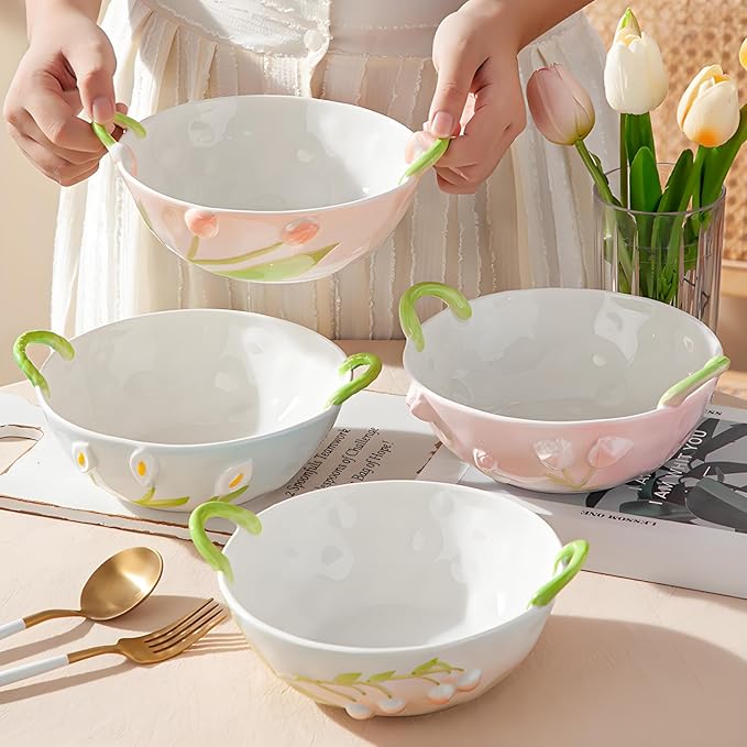 Handmade Ceramic Floral Fruit Bowl with Handles, 3D Hand-Painted Rose Flower Design Serving Dish, Decorative Bowls for Home Decor, Soup, Pasta, Cereal, Salad & Snacks, 24 oz