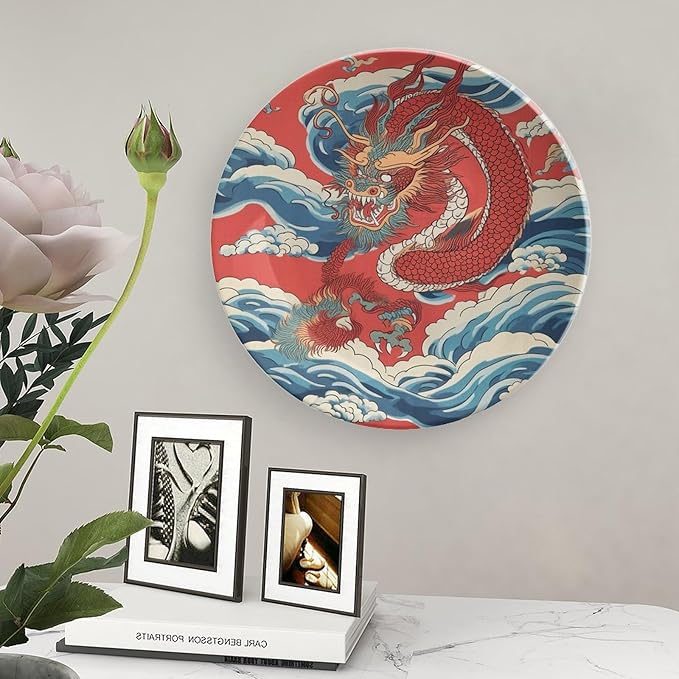 Vintage Plates Red Dragon Chinoiserie Asian Inspired Personalized Decor for Display Home Art Decoration Club Hanging Decorative Tiles with Vertical Stand, Multi Sizes by Choosing, Gifts for Men Women