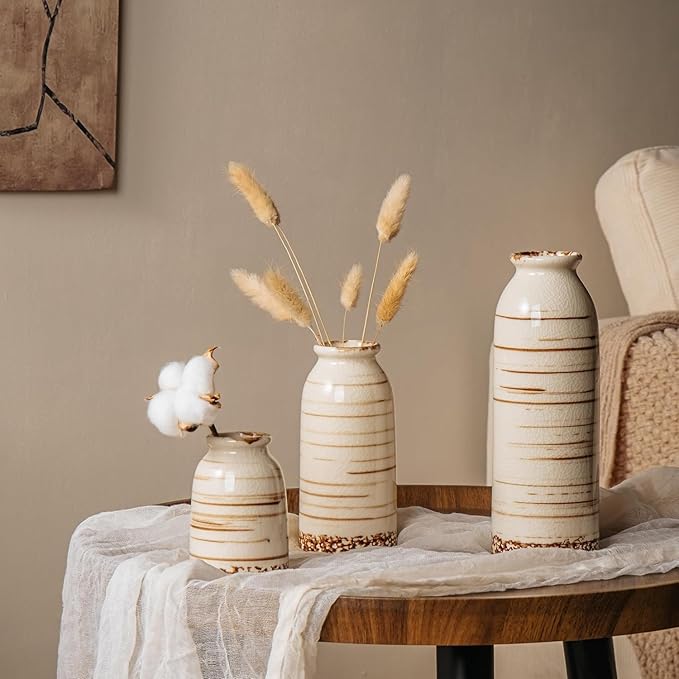 Rustic Ceramic Vase Set of 3 - Beige Rustic Vases for Flowers,Farmhouse Flower Vases for Home Decor,Small Decorative Vase Set for Living Room,Table Shelf,Centerpieces and Fireplace Decorations