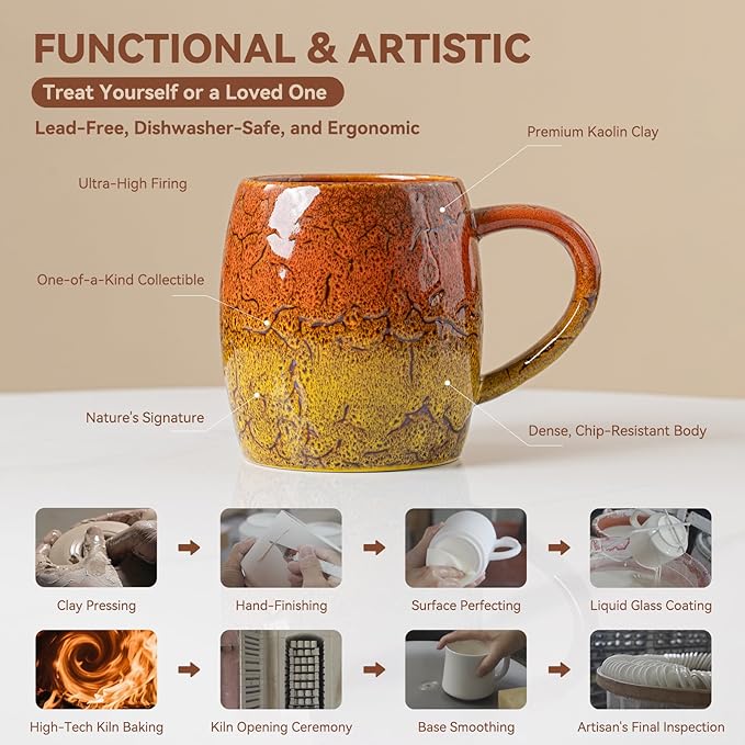 22oz Ergonomic Ceramic Mug with Unique Orange & Yellow Glaze – Microwave & Dishwasher Safe, Ideal Gift for Coffee Lovers, Unique Ceramic Coffee Cup for Yourself or Friends