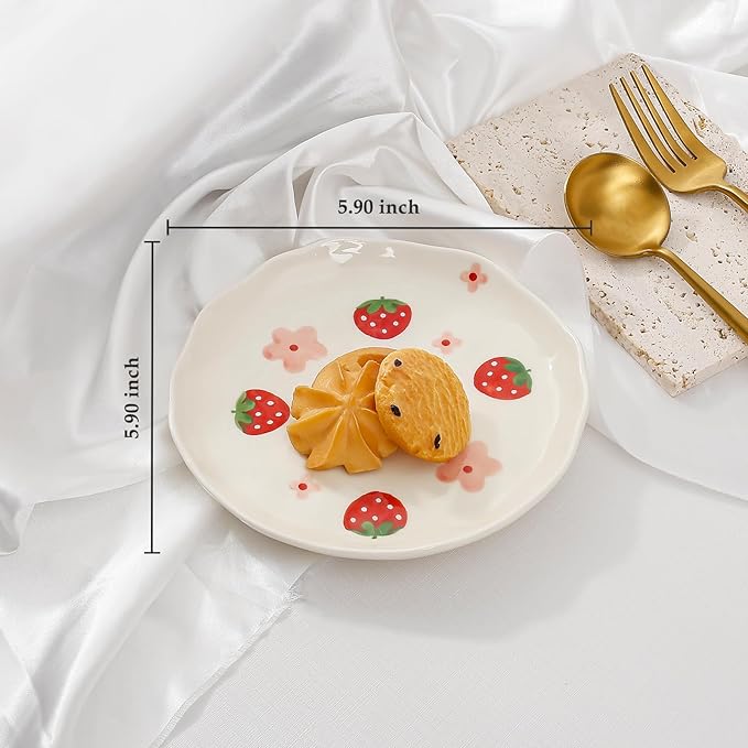Koythin Ceramic Dessert Plates, Cute Fruits Dinner Plate, Printed Flowers Dinnerware for Office and Home, Kitchen Plates for Desserts (Strawberry)
