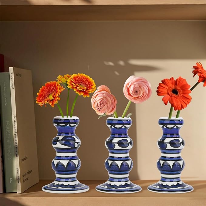 Vixdonos Painted Ceramic Vase Colorful Bud Vase Set of 3 Small Flower Vase Rustic Mini Vases in Bulk for Home Decor, Wedding and Dinner Party(Blue)