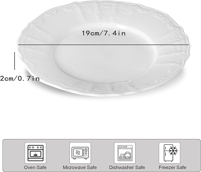 8 Pack Ceramic Dessert Plates Appetizer, 7.5 inch Small Round Dinner Plates, Embossed White Plates Salad Plate for Pancakes, Snacks Side Dish