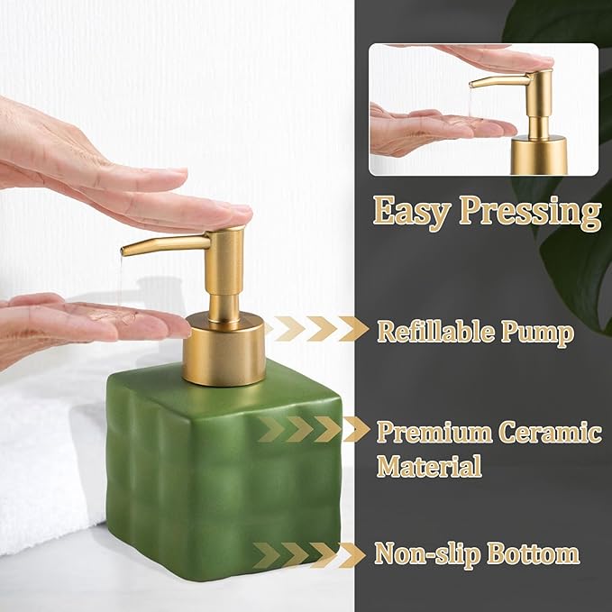 Hand Soap Dispenser Dish Cube Soap Dispenser Countertop 7.44 FL OZ. /220 ML Hand Lotion Pump Bottle Ceramic Lotion Container Liquid Hand Soap Jar Shower Dispenser Kitchen Bathroom Décor (Green)