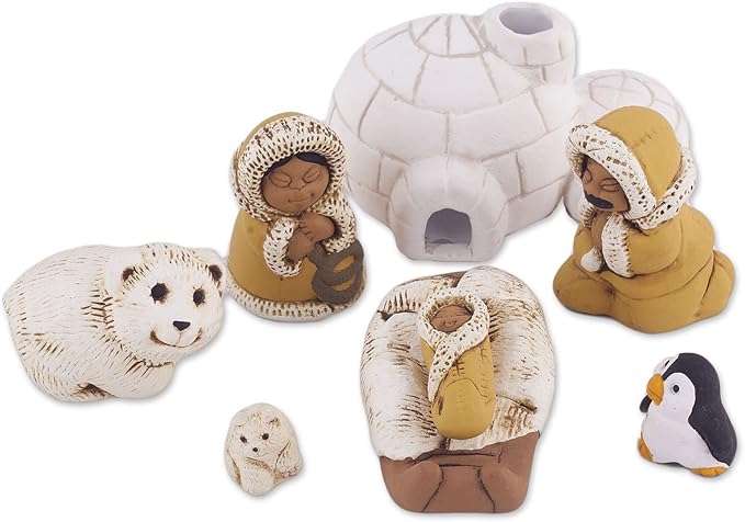NOVICA Artisan Handmade Ceramic Nativity Scene Inuitthemed from Peru 8 Pcs White Brown Multicolor Sculpture Cultural Animal Christian Religious Bear [largest Piece 2in H x 3.7in W x 2in D Smallest Pi]