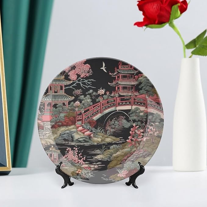 Chinoiserie Charcoal Coral Pagoda Asian Fashion Plates, Chinese Style Pagoda Ceramic Dinner Plates for Kitchen Display Decor, Including Bracket And Special Hook Art Decorations for Home Office