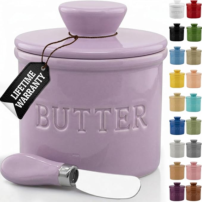 PriorityChef Butter Crock with Lid with Water Line, Ceramic French Butter Dish to Leave On Counter, Lilac