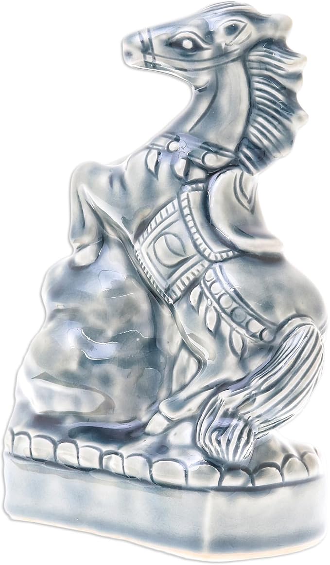 NOVICA Artisan Handmade Ceramic Sculpture Crackled Blue Horse from Thailand Animal Themed East Meets West Cultural [6.5in H x 4.9in W x 2.8in D] ' Lucky Horse'