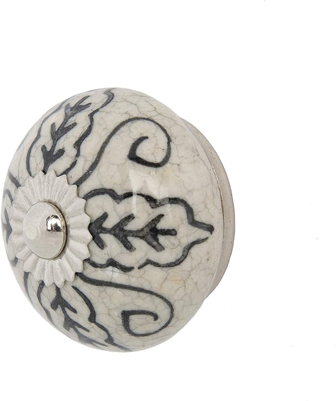 Mela Artisans 12-Pack Ceramic Kitchen Cabinet Knobs - Grey & White Leaf | Decorative Pull Handles for Dresser Drawers | Reversible Metal Backplate | 1.77” Diameter