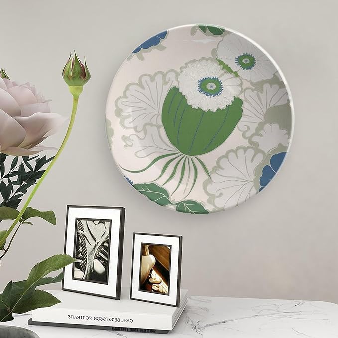 Chinoiserie Floral Green Plant Decorative Plate, Flowers Fruit White Leaves Customize Bone China Decorative Plate for Office Home Club Decor, Unique Art with Stand Art Decor for Festival