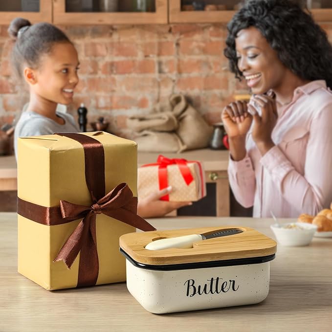 LANDNEOO Butter Dish with Lid and Butter Curler Knife, Unbreakable Metal Keeper Container Double Silicone Sealing, Speckled White, 6.2'L x 4.2' W x 2.2' H, 2 Sticks Capacity, Stainless Steel, Bamboo