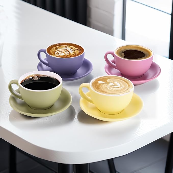Yundu Matte Color Cappuccino Cups Set of 4-10oz Ceramic Latte Mugs with Saucers, Elegant Espresso Cups for Coffee & Tea