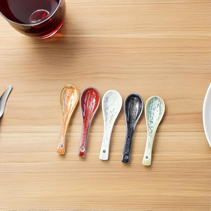 10PCS Asian Ceramic Soup Spoons with Handle Non-slip Design Tableware for Ramen Wonton Noodle Soup Dinnerware Kitchen Accessories - Colorful
