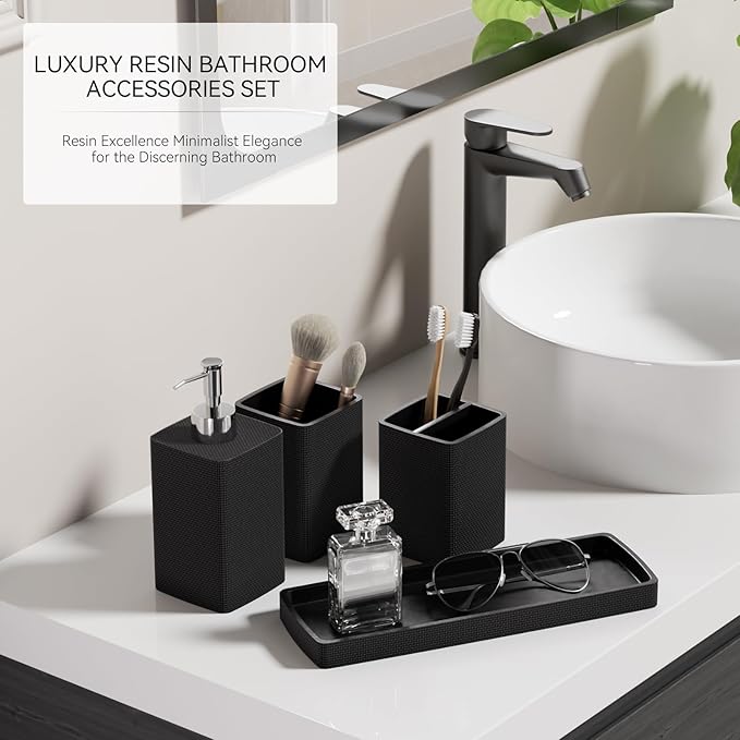 Black Bathroom Sets, Black Bathroom Accessories Set with Shower Curtain and No-Slip Bath Rugs, Natural Loofah Sponge, Soap Dispenser, Toothbrush Holder, Bathroom Tumbler and Tray for Bathroom