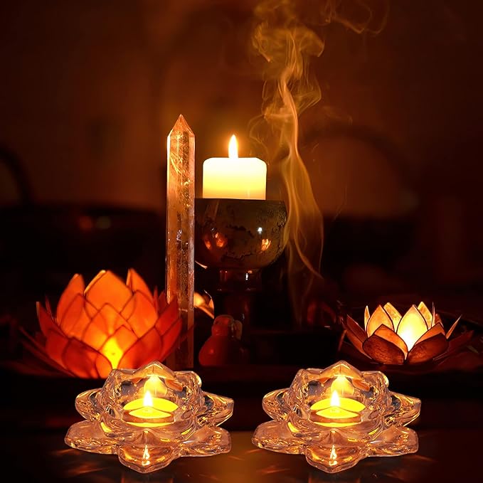 meekoo 12 Pcs Crystal Glass Lotus Candle Holders Lotus Crystal Tealight Candle Holders for Christmas Home Decor Wedding Party