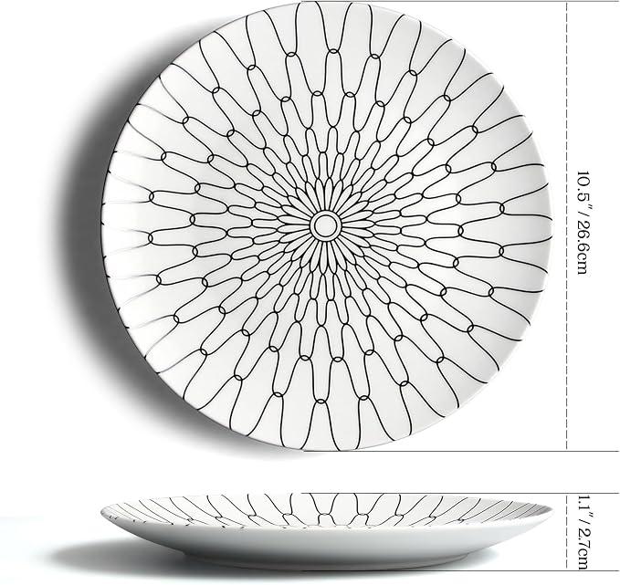 10-Inch Dinner Plates Set of 6, Black and White Grid Ceramic Plates, Large Checkerboard Design for Main Course, Restaurant-Style, Microwave & Oven Safe