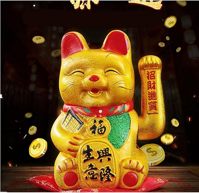 Lucky Cat,Beckoning Ceramic Maneki Neko Lucky Fengshui Cat,Japanese Lucky Cat with Waving Arm Gold Battery Operated(7 inches)
