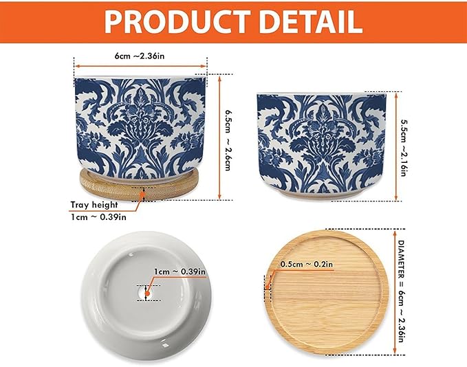 Blue Regalia Lion Small Ceramics Pots for Plants Set of 2 Indigo Blue Flower Lion Asian Ceramics Planter with Drainage and Bamboo Tray Chinoiserie Asian Garden Decor Succulent Pot