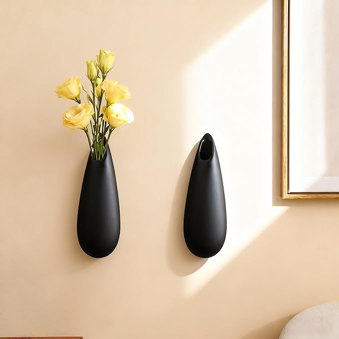 Sculptural Wall Ceramic Vase — 2 Pack Black Hanging Sconce Vase | Turn Flowers into Art — Decorative Ceramic Wall Sconce for Single Stem Displays