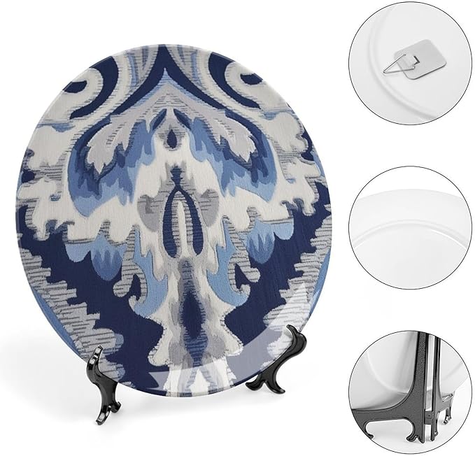 Navy Blue Grey Ikat Plates Ceramic of 6", 7", 9", 10", Personalized Ceramic Ornaments Dessert Plates, Wedding Home Decorations Office, with Display Stand And Hook Up