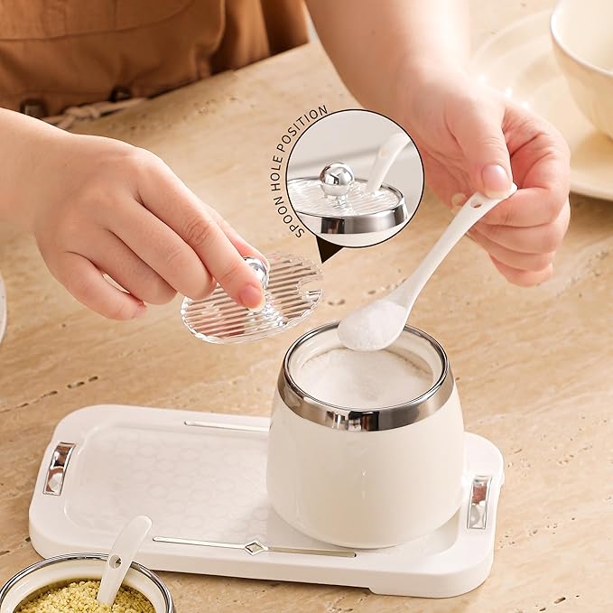 shuqiao Porcelain Condiment Jar Spice Container with Lid - Ceramic Spoon, Plastic Tray is the best clay pot for your home, kitchen, counter. White, 280 ml (9.4 oz), 2-piece set (3, Square)