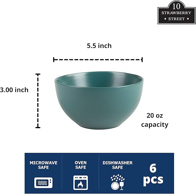 10 Strawberry Street Wazee Matte 5.5"/16oz Cereal Bowl, Set of 6, Emerald Green