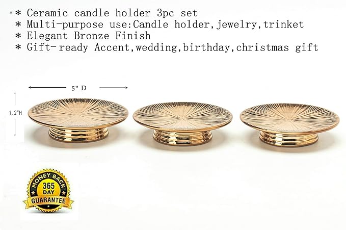 Ceramic Bronze Candle Plate Set, 3-Piece – Decorative Candle Holder Tray for Pillar Candles, Jewelry, Trinkets or Bathroom Counter – Antique Bronze Finish for Tabletop & Home Décor