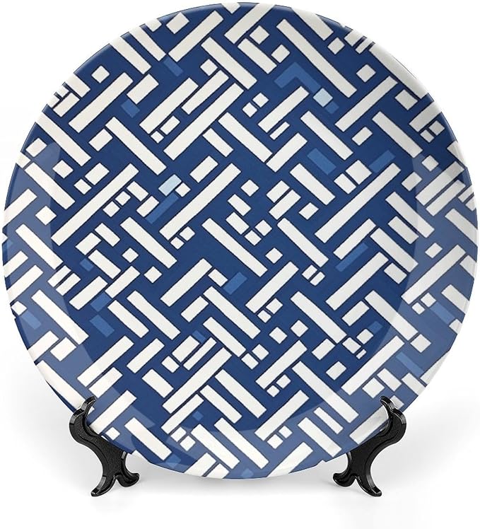 Vintage Plates Navy Blue Geometric Custom Decor for Club Art Decoration Wall Display Wall Decorative Plate with Vertical Stand, Multi Sizes by Choosing, Gifts for Men Women