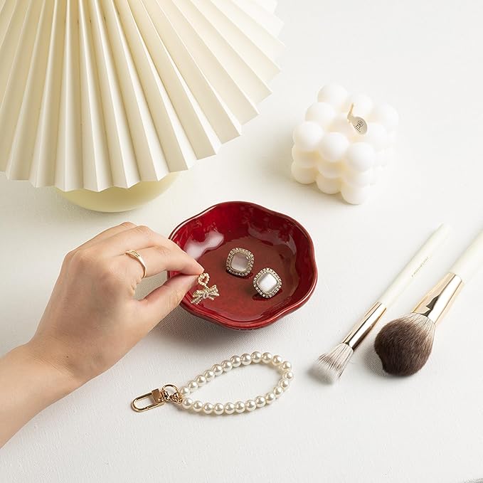 Ceramic Ring Dish Flower Jewelry Holder Dish Cute Jewelry Dish Tray Trinket Dish Small Decorative Tray Key Bowl Room Decor Aesthetic for Mom Best Friend Sister (red)
