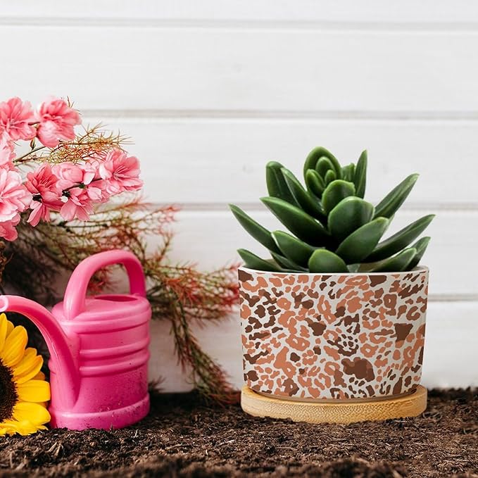 DreamAutumn Orange and Light Gray Leopard Ceramic Flower Pots,Gardening Plant Pot with Drainage Holes and Saucers Round Ceramic Pots for Indoor Plants Succulent Herbs Cactus Pots for Dad Papa Grandpa