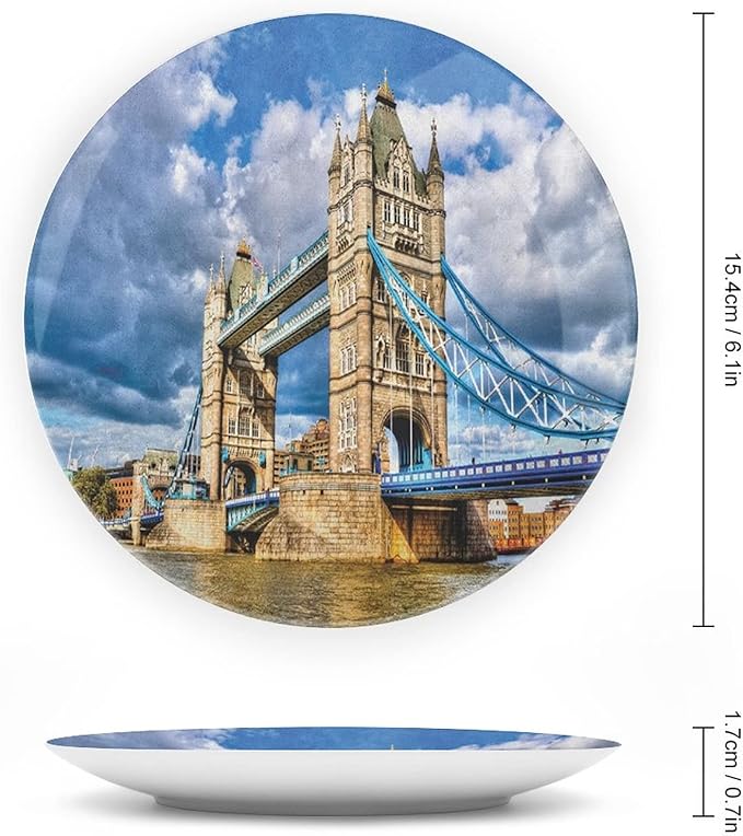6 Inch Decorative Plate, London Ceramic Craft, Historical Tower Bridge on River London UK British Day Time Print Ornament Display Plate Decor Accessory for Dining, Parties, Wedding, Multicolor